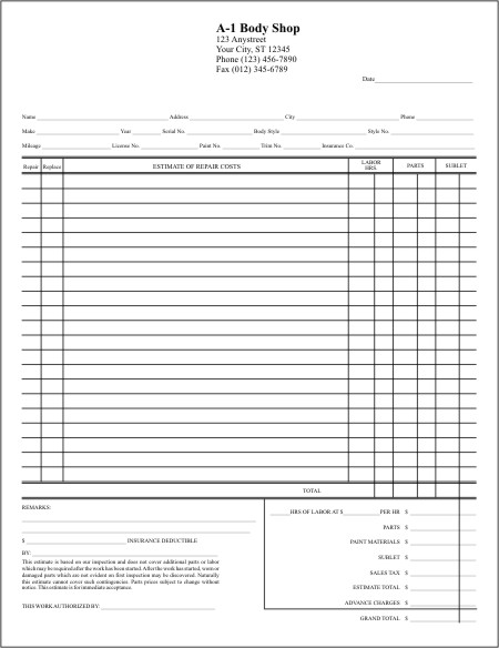 Body Shop Estimate Form